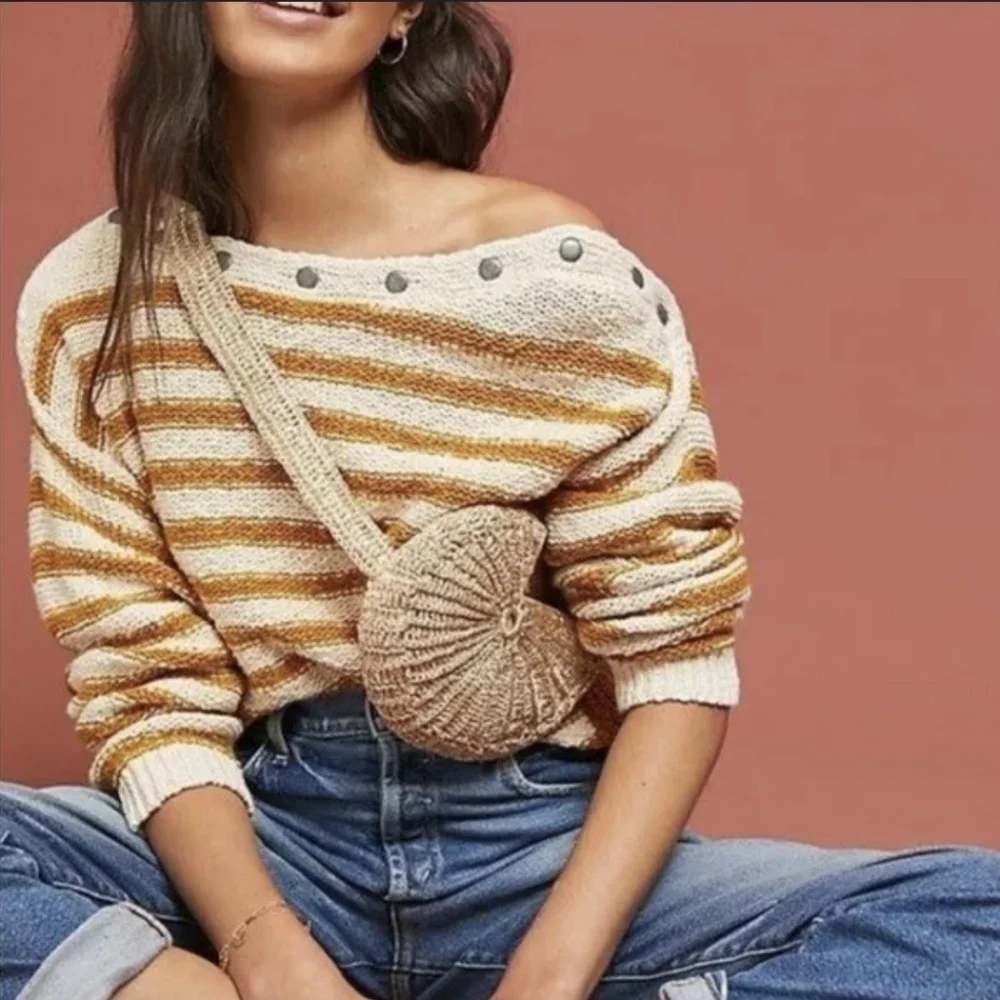 Moth Anthropologie Womens XS Mustard Yellow Cream Striped Snap Button Sweater